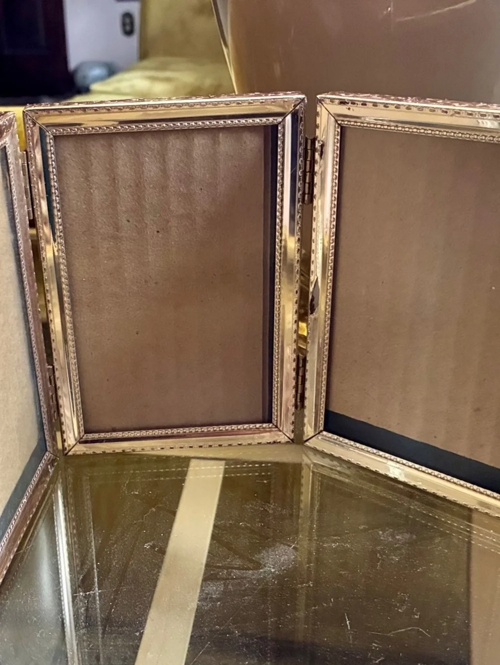 Vintage Tri-Fold gold Tone embossed Picture Frame